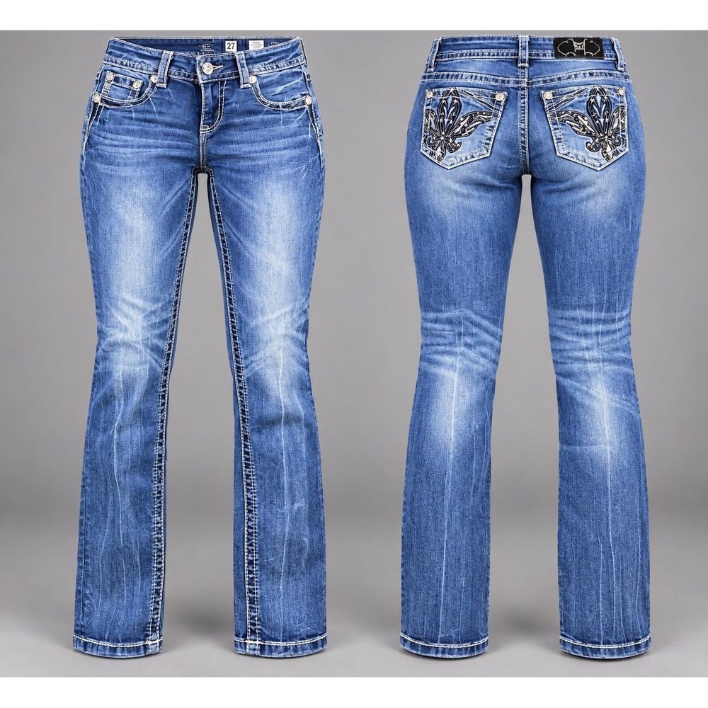 Miss Me jeans Womens 27x28 low rise hailey skinny y2K fluer di lis rhinestones